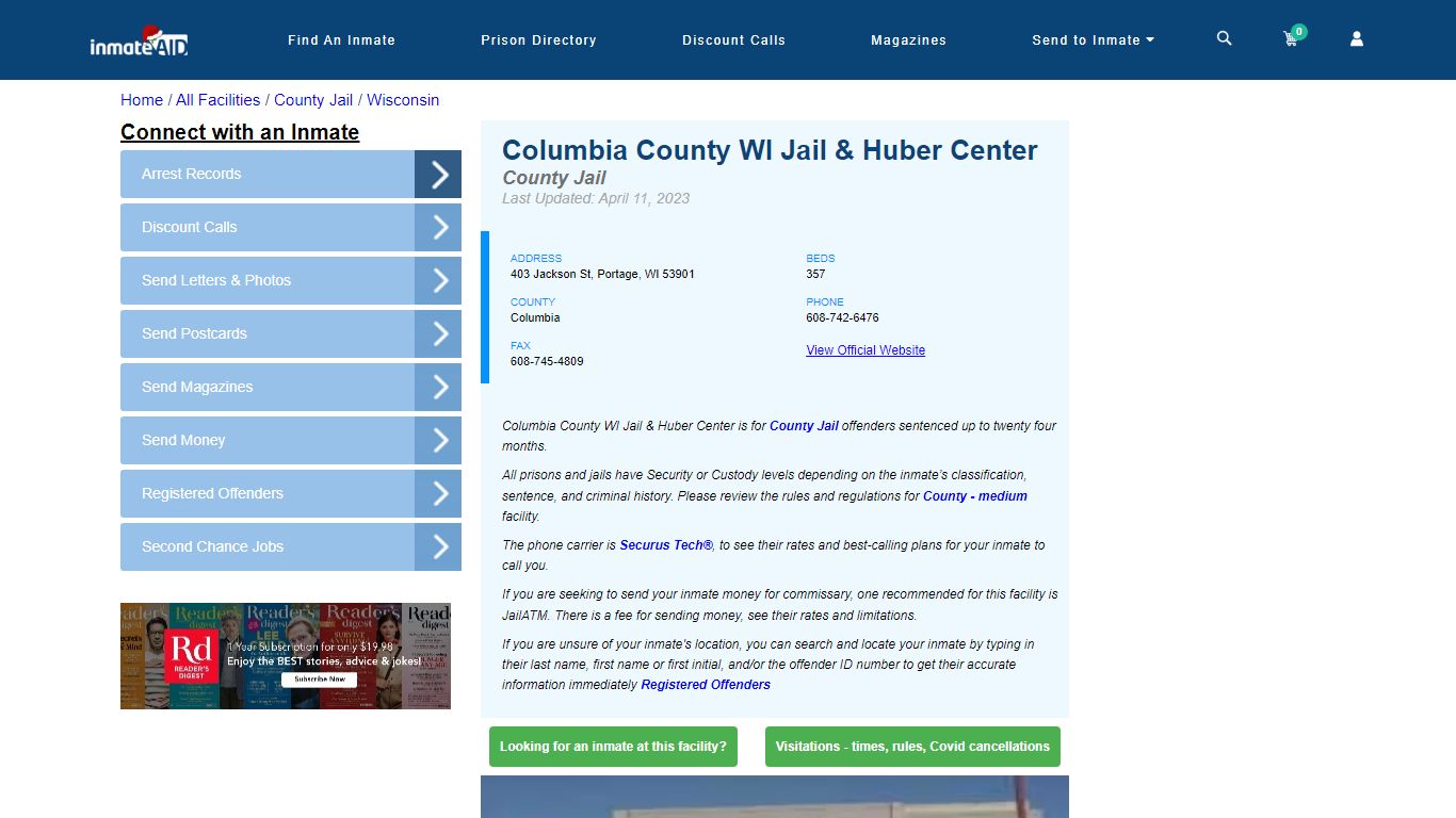 Columbia County WI Jail & Huber Center - Inmate Locator - Portage, WI